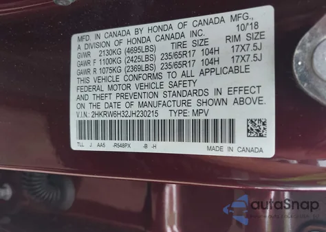 2018 Honda Cr-V Lx из США, поврежденный, VIN 2HKRW6H32JH230215